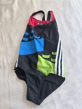 adidas Kids Black One-Piece Swimsuit with Blue, Green & Pink Accents
